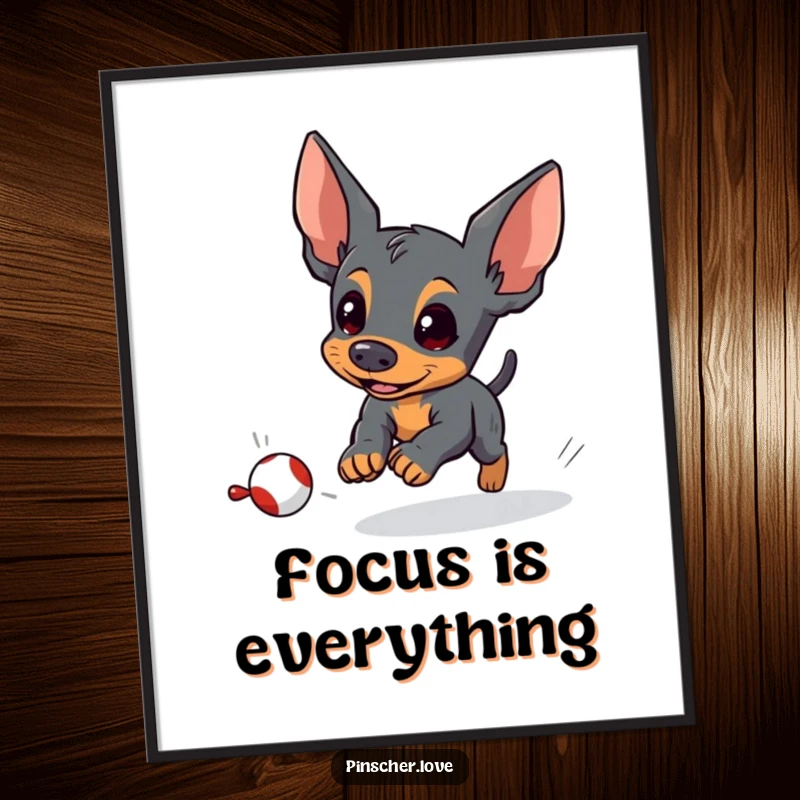 Funny pinscher poster showcasing an energetic pinscher dog playfully focused on chasing a small, fleeing toy with intense determination.