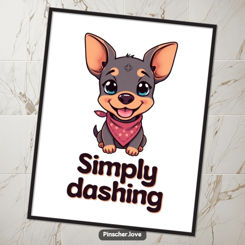 Funny poster print of a pinscher with a wide, playful grin and a small bandana, radiating cool canine vibes.