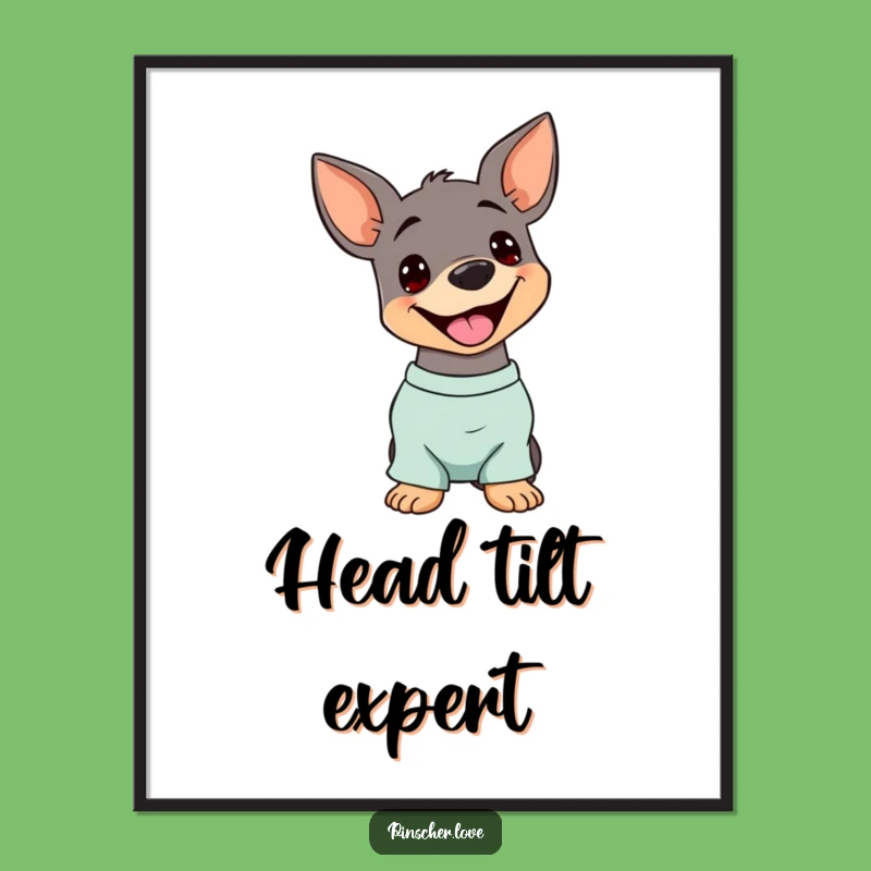 Funny Pinscher Head Tilt Poster: Whimsical Dog Art Print with a Happy Panting Dog