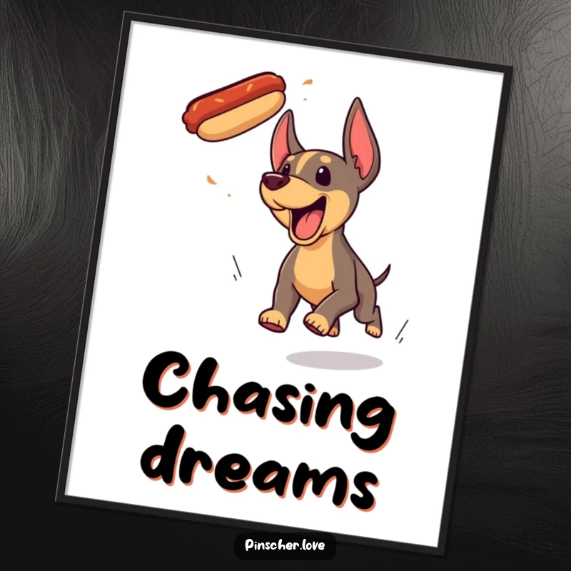 Funny Pinscher dog poster, comically yipping and leaping to catch a flying hotdog in a moment of intense, joyful pursuit.
