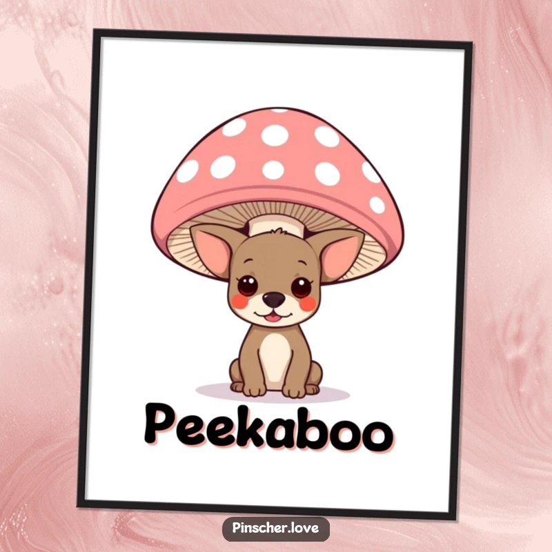 Funny pinscher dog peeking from beneath a giant polka-dotted mushroom, creating a delightful and humorous woodland art piece