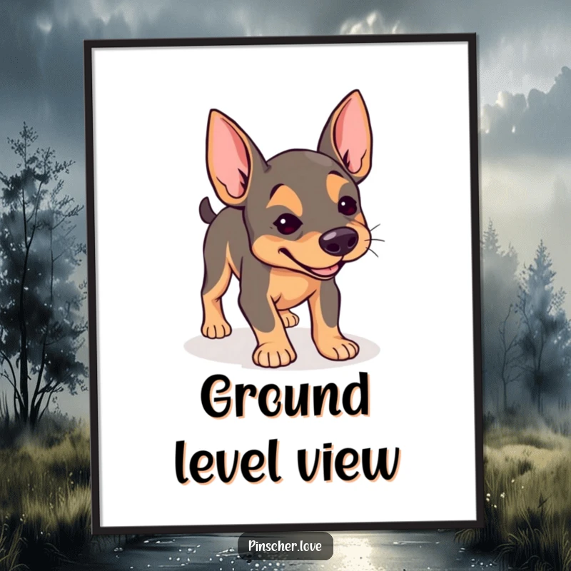 Funny Pinscher poster, artwork of a dog with determined expression joyfully sniffing the ground, curious canine art, gift.