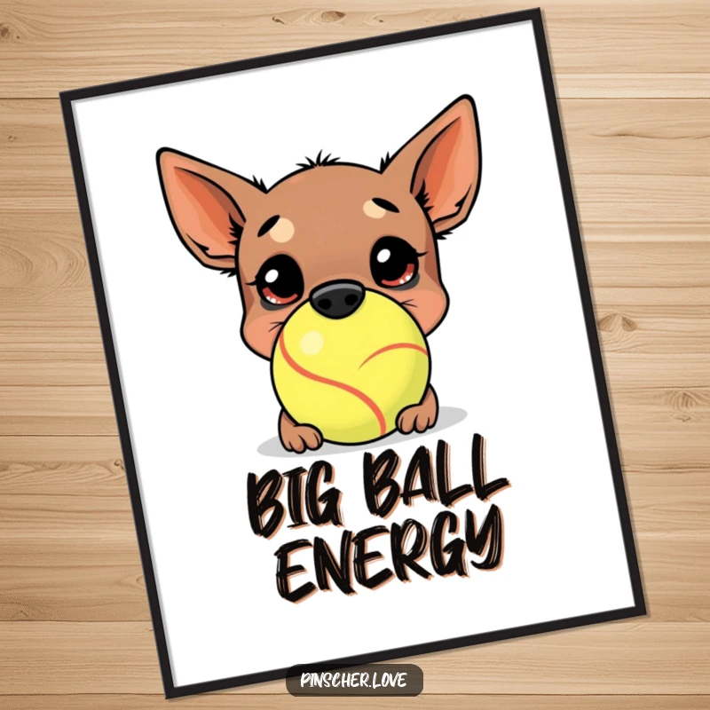 Funny Pinscher Poster: A happy pinscher buries its nose in a comically large tennis ball, capturing a moment of pure, unadulterated doggy bliss.