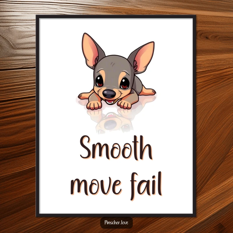 Funny Pinscher poster showcasing a Pinscher dog comically slipping and sliding with legs akimbo on a dangerously slick, polished floor.