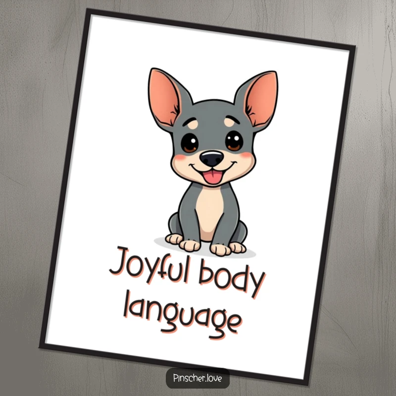 Funny poster of a Pinscher dog doing a comical happy wiggle, wagging stump, vibrant cute art, perfect funny gift for decor.