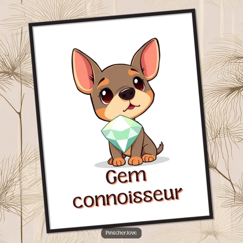 Funny Pinscher Poster featuring a dog curiously tilting its head towards a big, sparkling gem, embodying wonder.