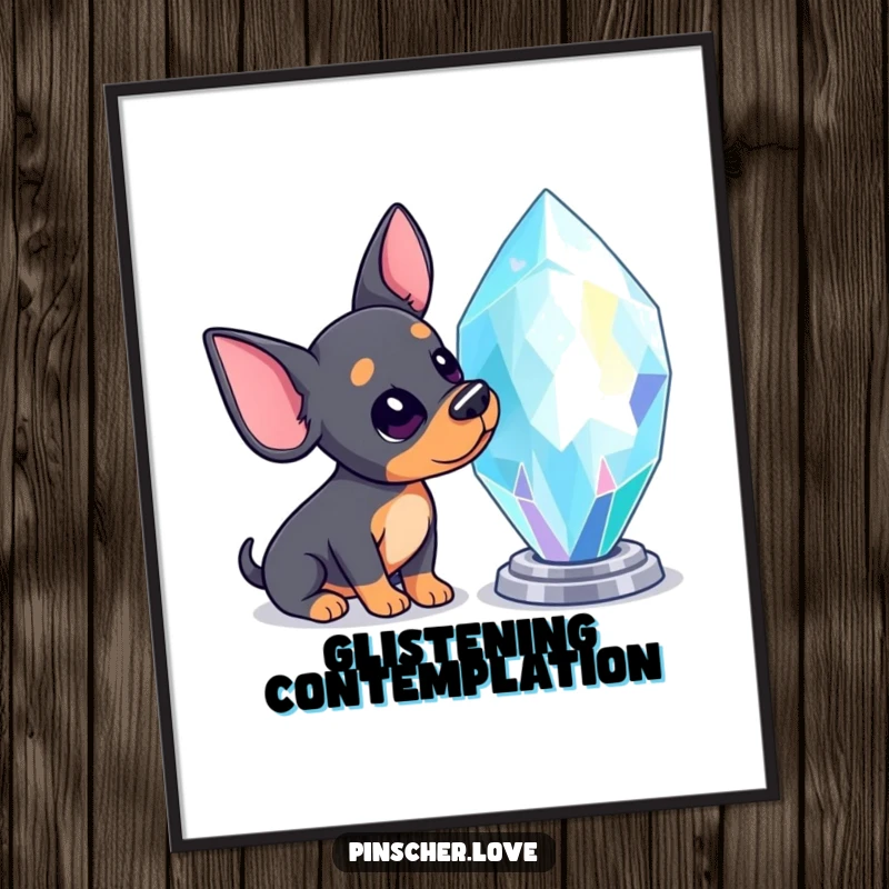 Funny Pinscher poster illustrating a Pinscher dog curiously tilting its head, gazing intently at a massive, radiant, sparkling gem.