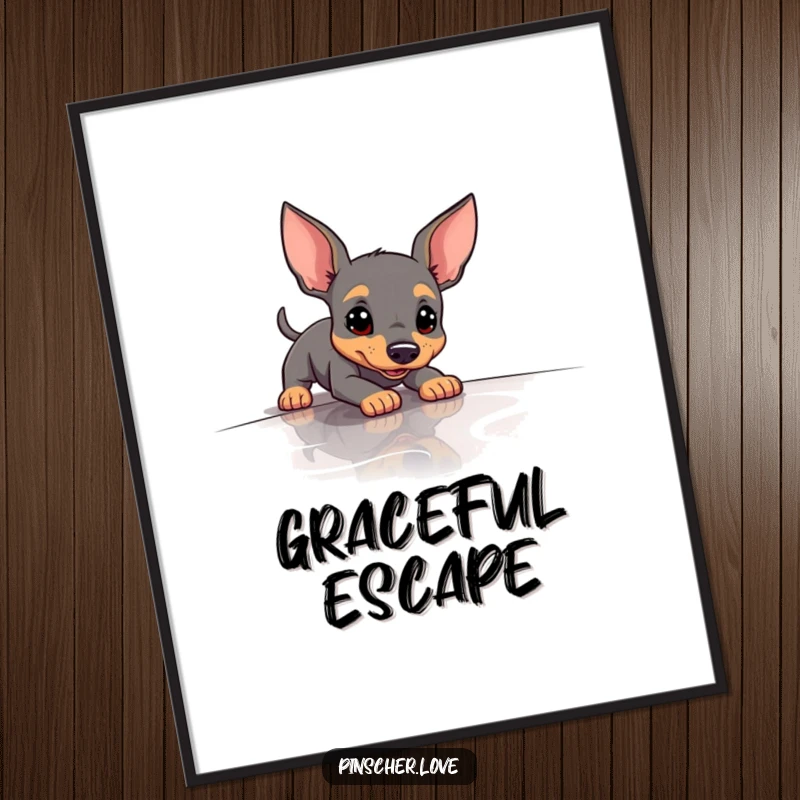 Funny Slipping Pinscher Poster showing a dog comically sliding on a slick surface, a humorous piece of wall art.