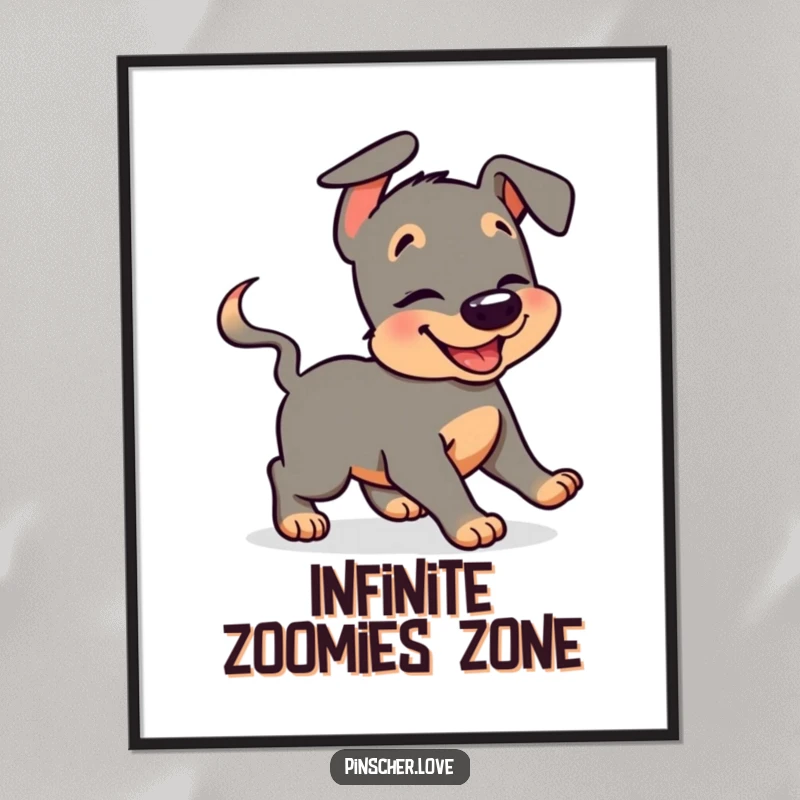 Funny pinscher poster showcasing a giggling dog's comical, never-ending chase after its own wagging tail, bringing joy to any room.