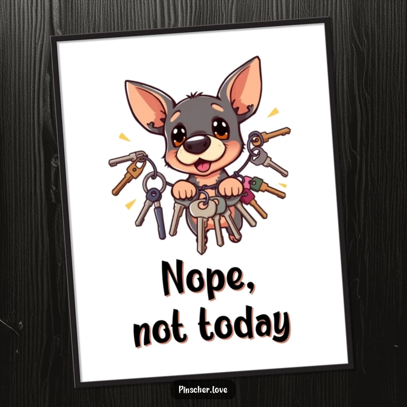 Funny surprised Pinscher dog leaping back from noisy jingling keys, depicted as a humorous poster.