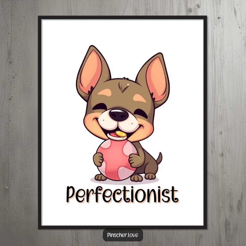 Funny Pinscher character poster, with a silly grin, trying to balance a ball on its nose, celebrating canine talent.
