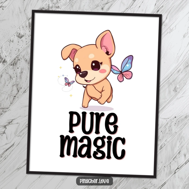 Funny Pinscher Poster: A joyful pinscher dog with bright eyes chases a butterfly composed entirely of shimmering, magical sparkles.