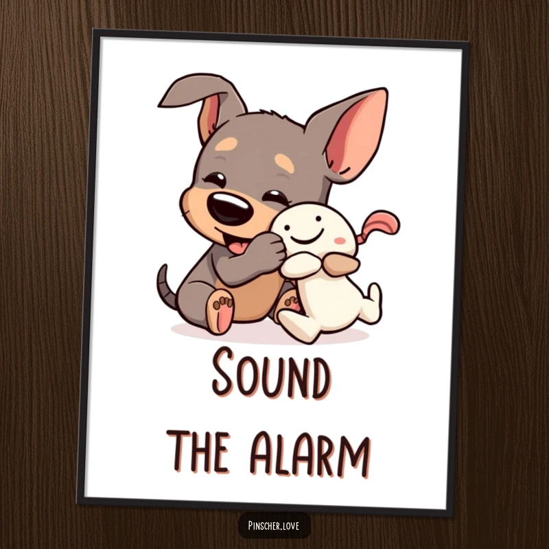 Funny Pinscher Poster: A dog is captured mid-wrestle with a squeaky toy, showcasing a hilarious and energetic playtime scene.