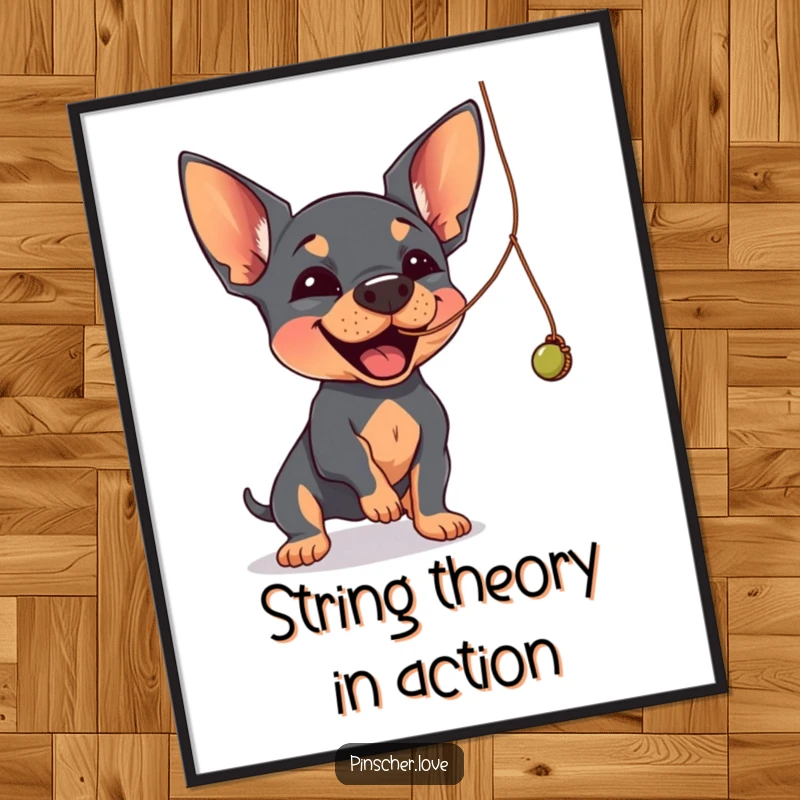 Funny Pinscher poster showing a Pinscher dog joyfully batting at a dangling, wobbly string.