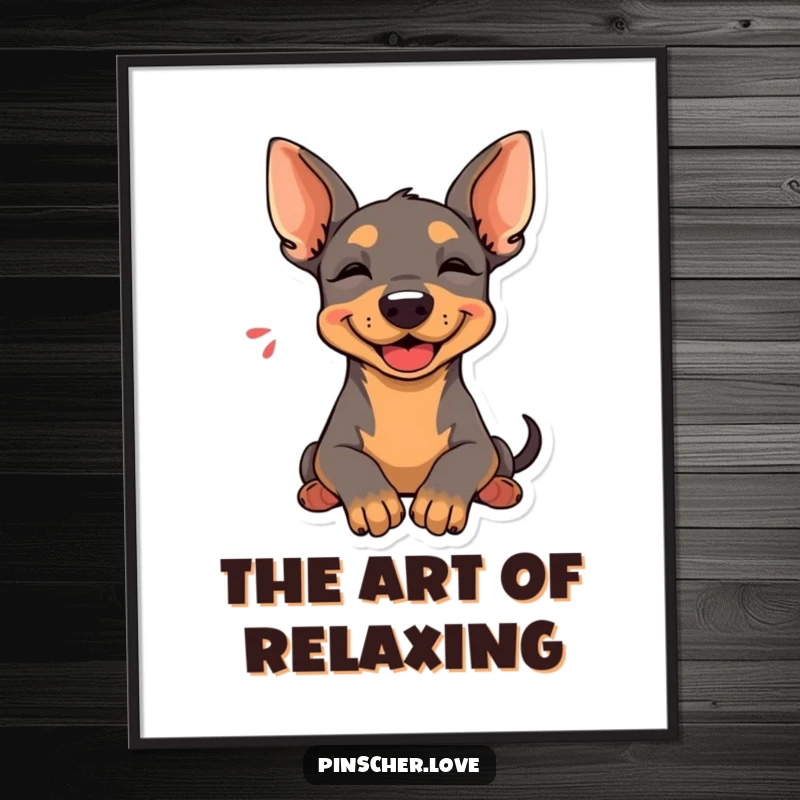 Funny Pinscher Poster: A Pinscher rests its head with a happy sigh, embodying ultimate relaxation and humorous calm.