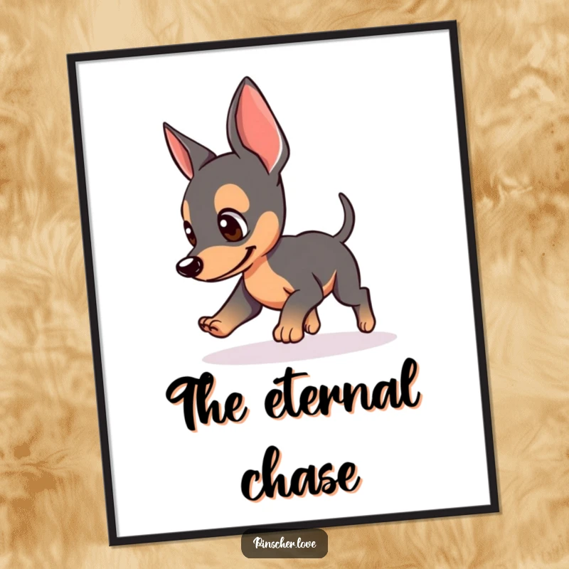 Funny poster of a Pinscher dog with perked ears, chasing its tail in a comical loop, vibrant dog art, perfect funny gift for decor.
