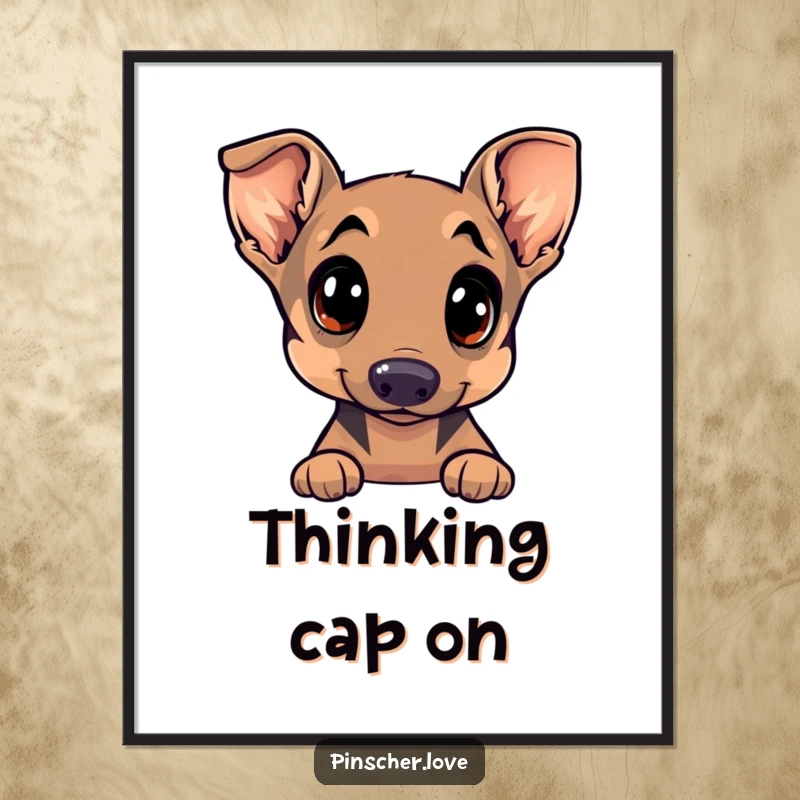 Funny Pinscher poster depicting a dog with incredibly wide, curious eyes and a head tilt, creating a captivating and humorous portrait.