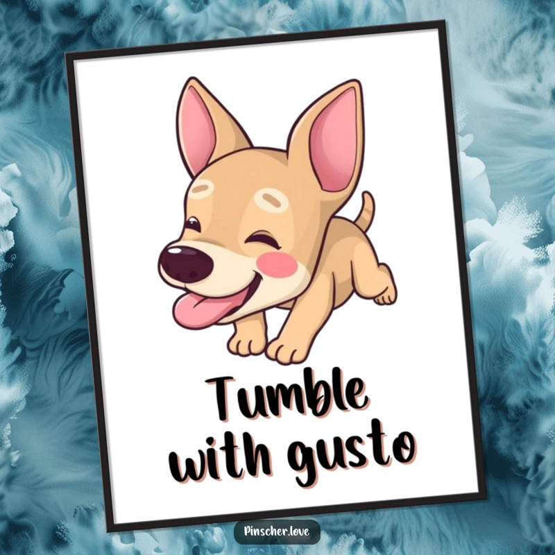 Funny Pinscher poster, artwork of a dog character tumbling forward with its tongue hanging out, silly canine art, gift.