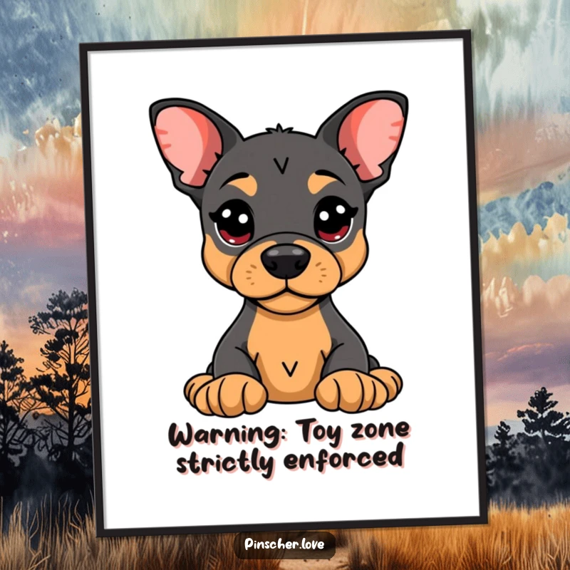 Funny Pinscher Poster: An alert Pinscher stands guard over a plush toy, showcasing humorous loyalty and protectiveness.