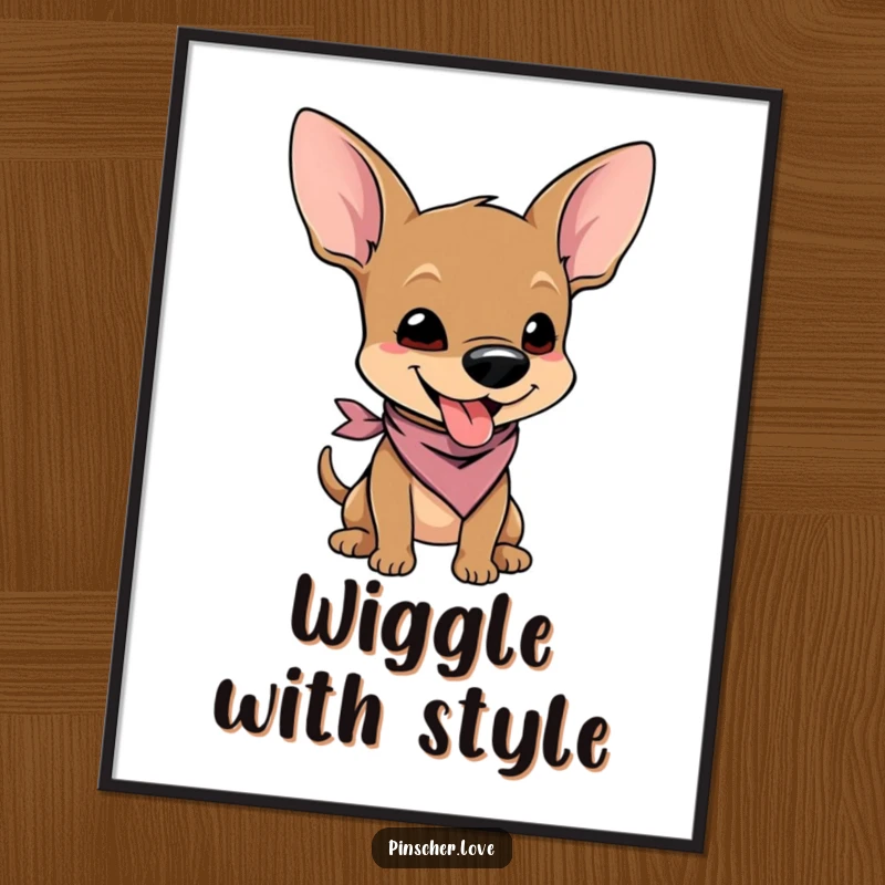 Funny poster of a pinscher character in a tiny bandana, wiggling with pure joy and radiating infectious cuteness.