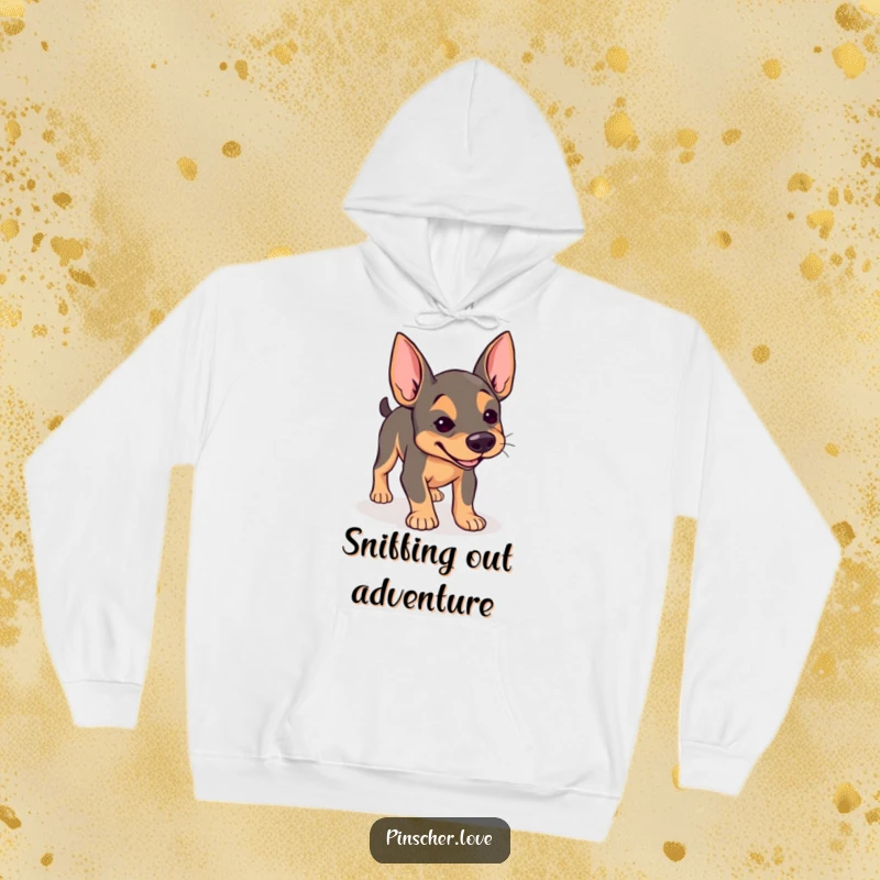 Funny Pinscher hoodie, warm fleece with dog with determined expression joyfully sniffing the ground, curious explorer, gift.