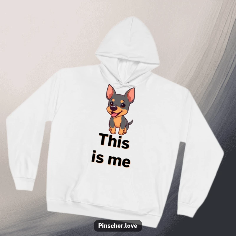 Funny hoodie graphic of an energetic Pinscher barking enthusiastically with its tail wagging furiously, for cozy comfort.