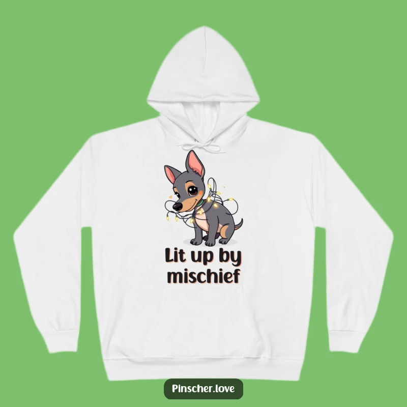 Cozy Funny Pinscher Hoodie: Tangled in Fairy Lights, Warm Holiday Gift