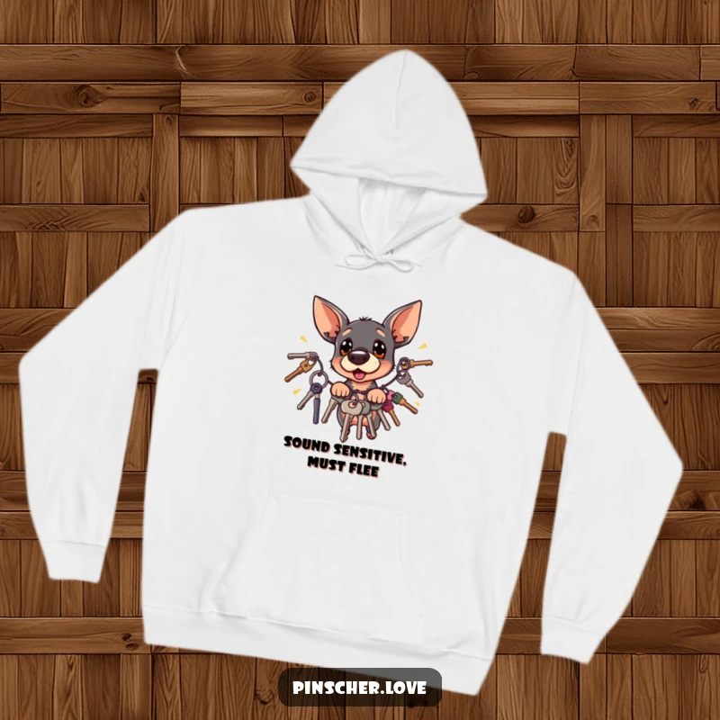 Funny surprised Pinscher dog flinching away from jangling keys, featured on a cozy, warm hoodie.