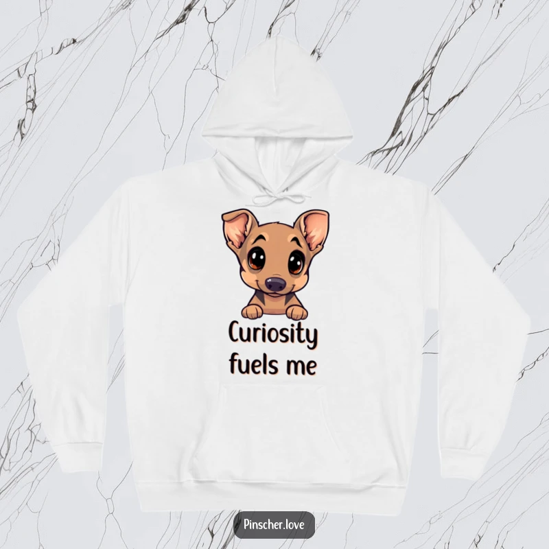Funny Pinscher hoodie showcasing a dog's wide, curious eyes and head tilt, radiating an irresistible playful and thoughtful vibe.
