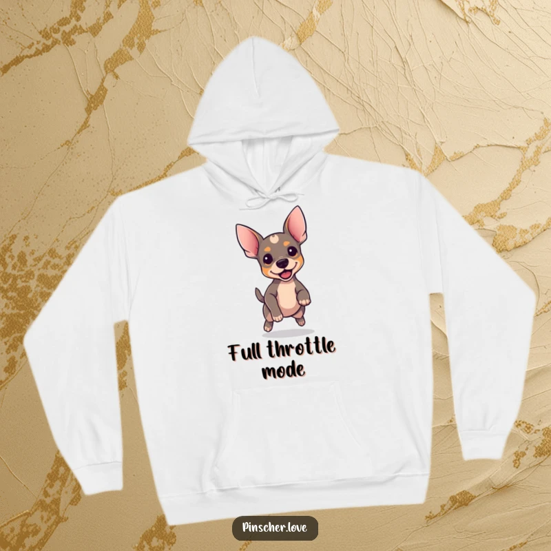 Funny Pinscher hoodie, cozy fleece with perky-eared dog bouncing excitedly, joyful pet, ideal funny gift.
