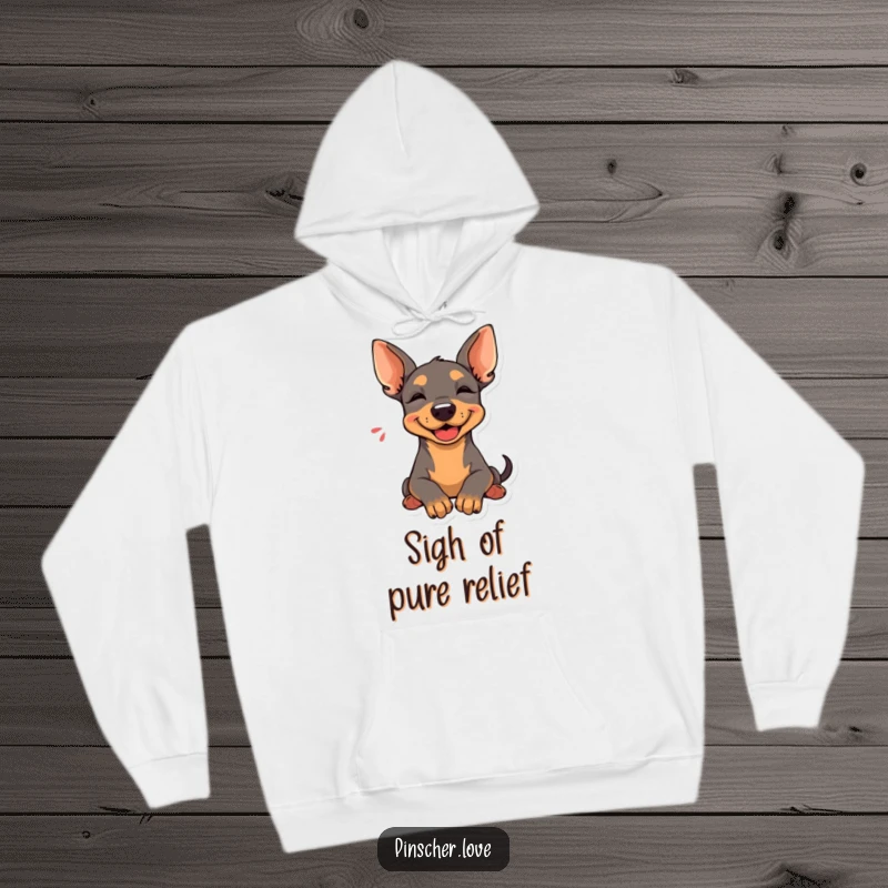 Funny Pinscher Hoodie: A Pinscher rests its head with a happy sigh, offering warmth and humorous relaxation.