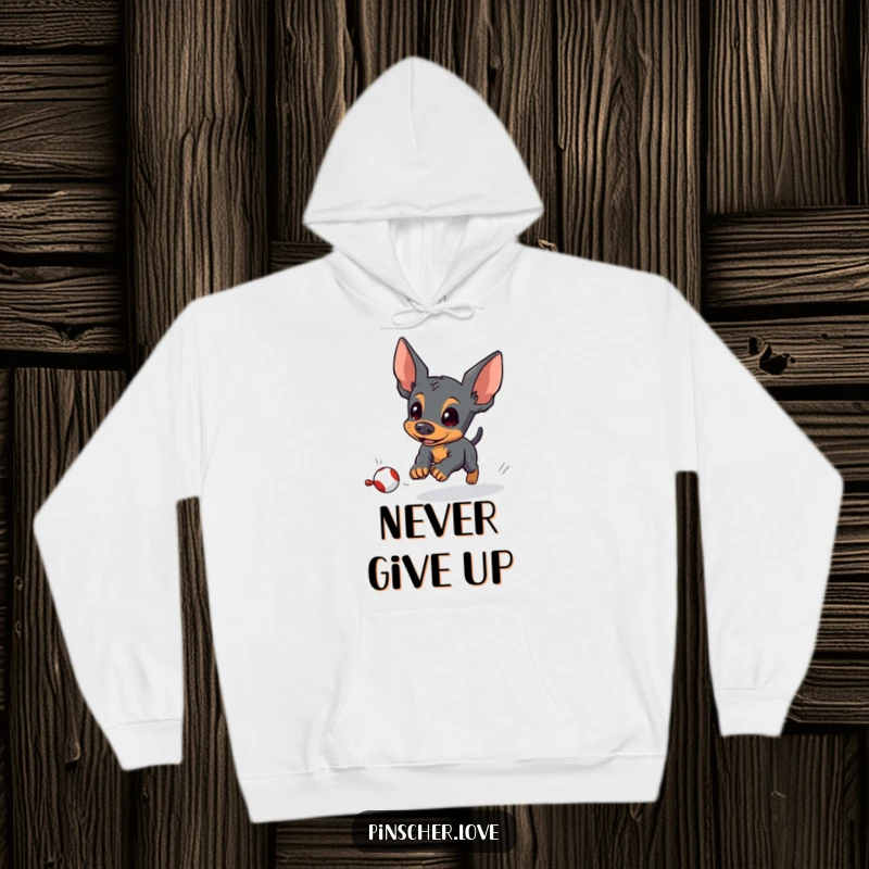Funny pinscher hoodie showing an energetic pinscher dog intensely chasing a small, fleeing toy, symbolizing playful determination.