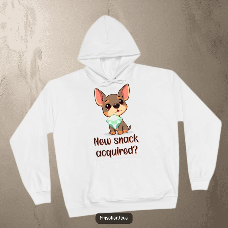 Funny Pinscher Hoodie depicting a dog curiously tilting its head, fascinated by a large, radiant gem.