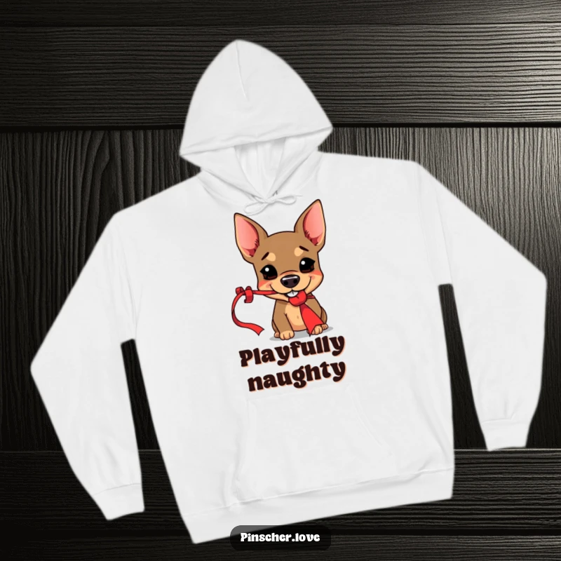 Funny Pinscher hoodie depicting a dog with a wide, mischievous grin as it snags a dangling red ribbon, embodying playful larceny.