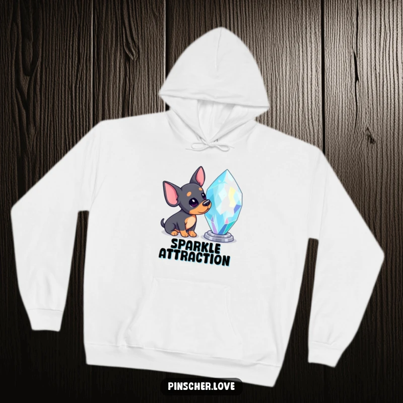 Funny Pinscher hoodie showing an inquisitive Pinscher dog looking up with head tilted at a huge, glittering, sparkling gem.