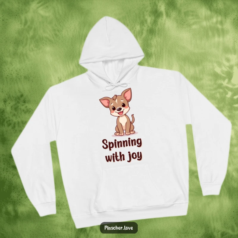Funny happy pinscher cub hoodie, illustrating a small dog doing a funny spin with its tail. Cozy apparel for joyful spirits.