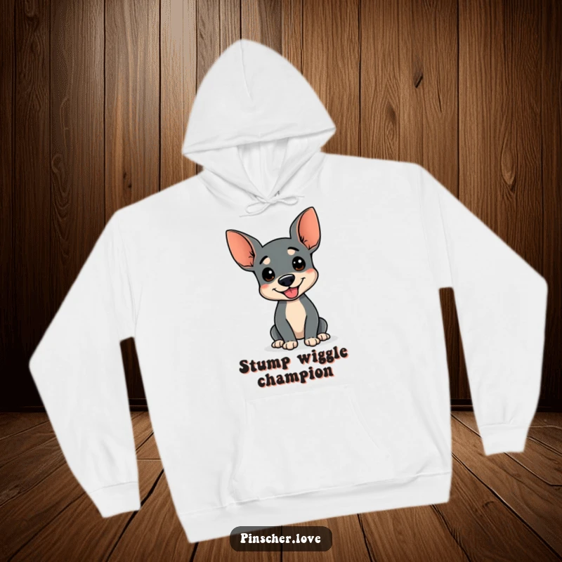 Funny hoodie featuring a Pinscher dog with a wagging stump, doing a comical happy wiggle, soft and warm, ideal funny gift for cute pets.