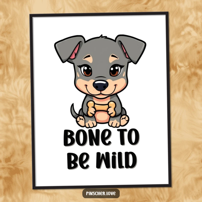 Funny Free Printable Wall Art: Pinscher dog with mischievous glint, holding a tiny bone, a cheeky addition.