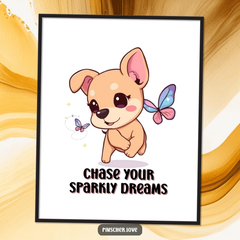 Funny Free Printable Wall Art: A pinscher dog with twinkling eyes joyfully pursuing a dazzling butterfly made of pure sparkles.