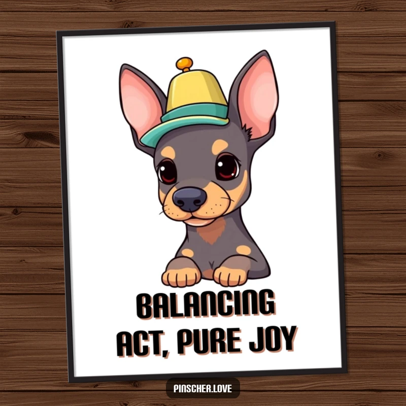 Funny Free Printable Wall Art: A pinscher character balancing a tiny, colorful hat on its nose with pride, perfect for DIY decor.
