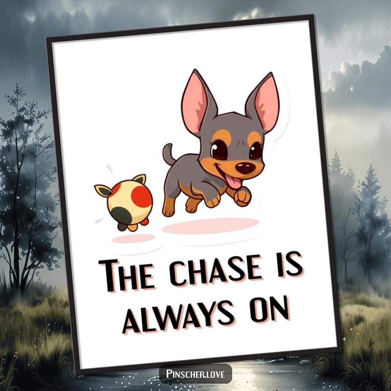 Funny Free Printable Wall Art of a determined pinscher energetically chasing a small, fleeing toy, adding dynamic humor to your decor.