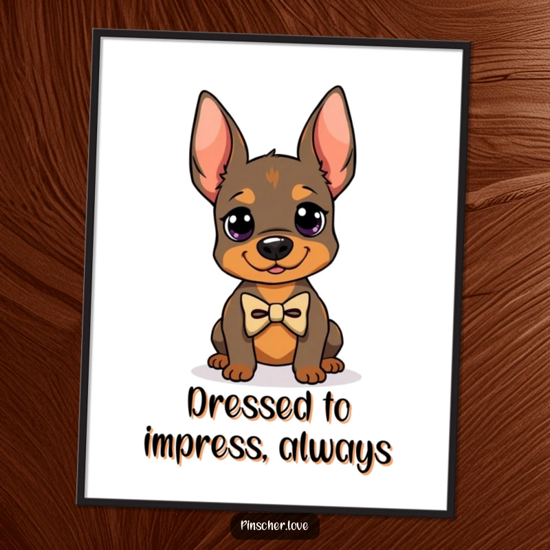 Funny Free Printable Wall Art of a cute pinscher wearing a tiny bowtie, striking a proud pose with undeniable dapper charm.