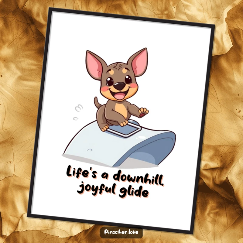 Funny Free Printable Wall Art of a happy pinscher gleefully sliding down a playful ramp, capturing pure, unadulterated fun.