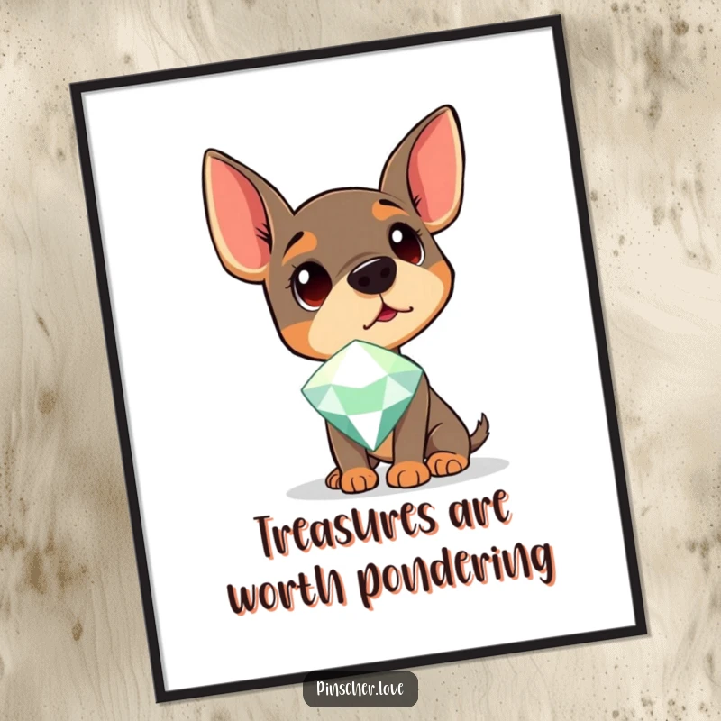 Funny Free Printable Wall Art: A Pinscher tilts its head in wonder at a gigantic, sparkling gem. Playful decor.