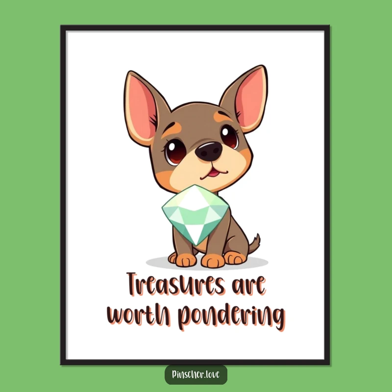 Free Printable Wall Art: Curious Pinscher Gazing at a Gem, Quirky Downloadable Gift!