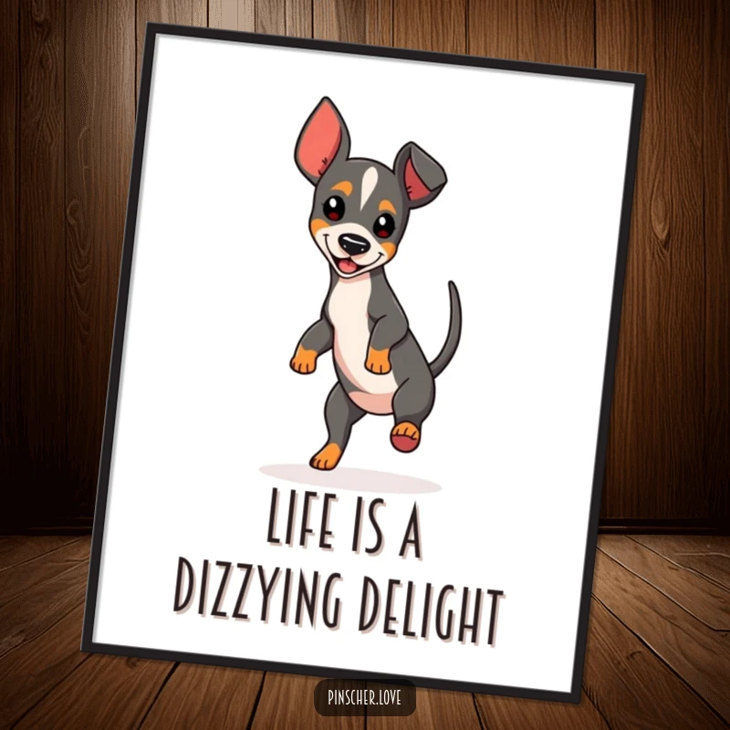 Funny Free Printable Wall Art of a Pinscher doing a comical spin, tail a blur, bringing playful energy to any room.