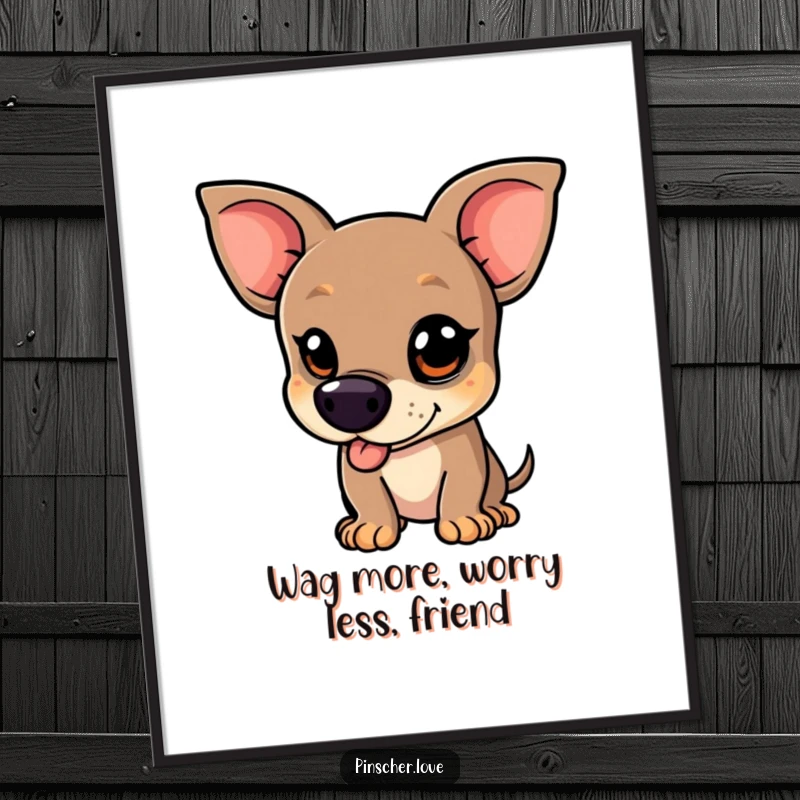 Funny free printable wall art: A pinscher character with a mischievous glint in its eye, wagging vigorously.