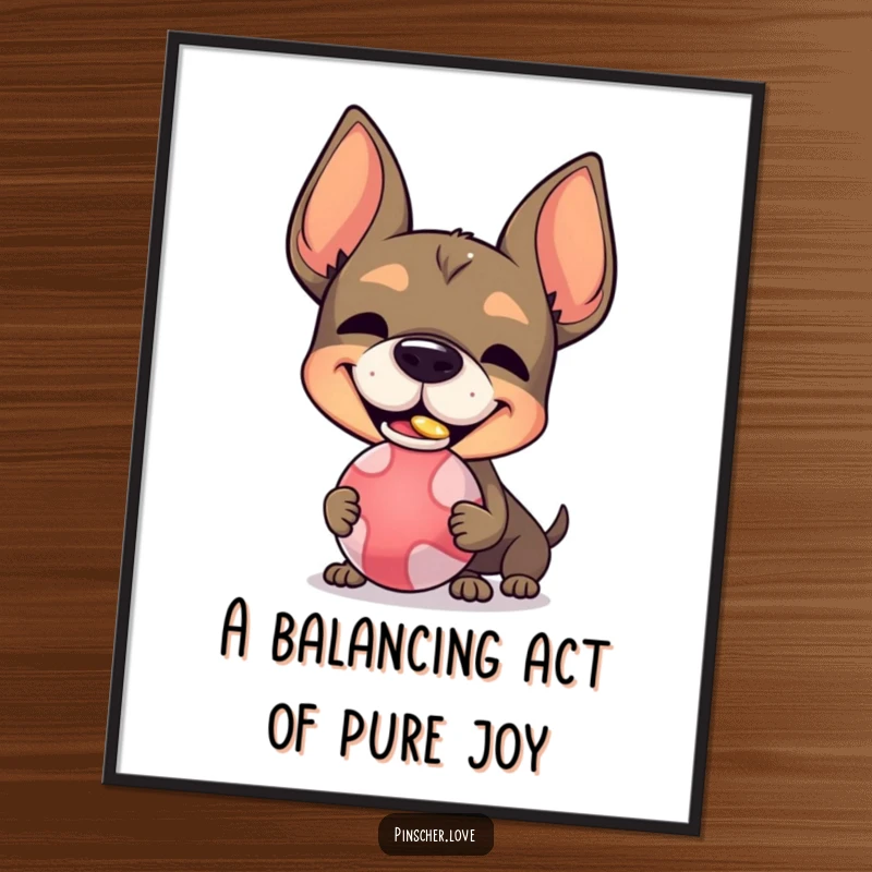 Funny Free Printable Wall Art: A pinscher character with a silly grin perfectly balancing a ball on its nose.