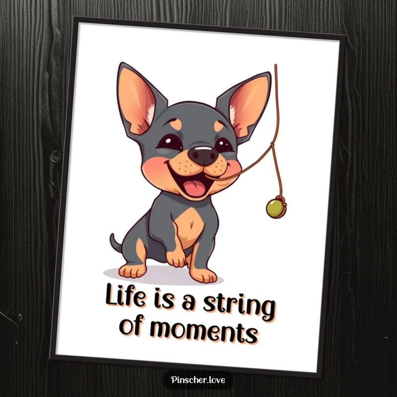 Funny Free Printable Wall Art: A playful Pinscher joyfully batting at a dangling, wobbly string with focused delight.