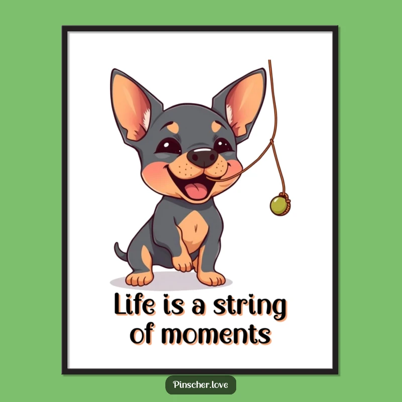 Free Printable Wall Art: Playful Pinscher String Batting - Downloadable Humorous Decor